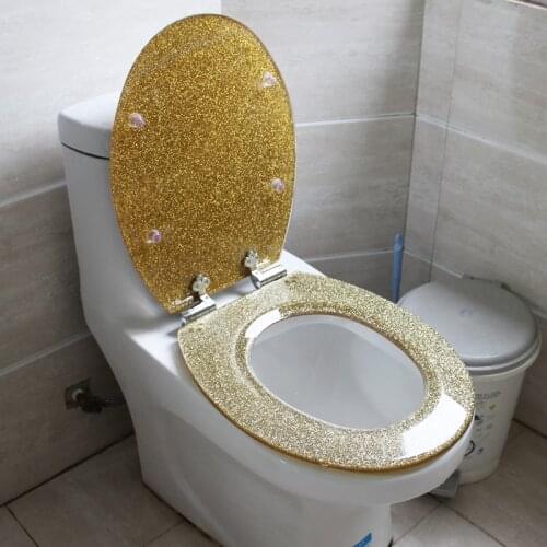 New High-grade Beautiful Twinkling Golden Resin Toilet Seat Cover Slow Down Stainless Steel Hinge U/V/O Universal Toilet Cover