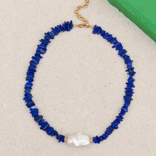 New Geometirc Korean handmade natural stone Collar Jewelry Freshwater baroque pearl LOUI Adjustable Lapis Lazuli bead necklace