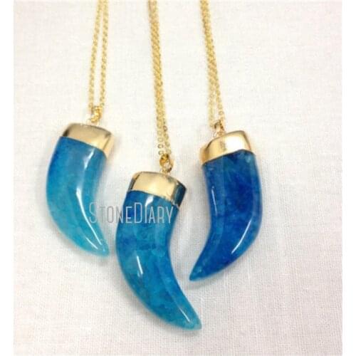 H-QN109 Blue Dragon Agat Onyx Horn Tusk Pendant Necklace Gold Color