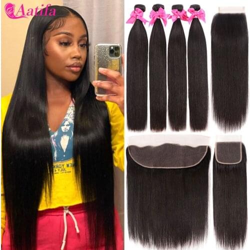 Medium Brown Lace Straight Bundles With Closure 3 Bundles With 4x4/13x4 Closure Frontal Peruvian Human Hair Bundles With Front
