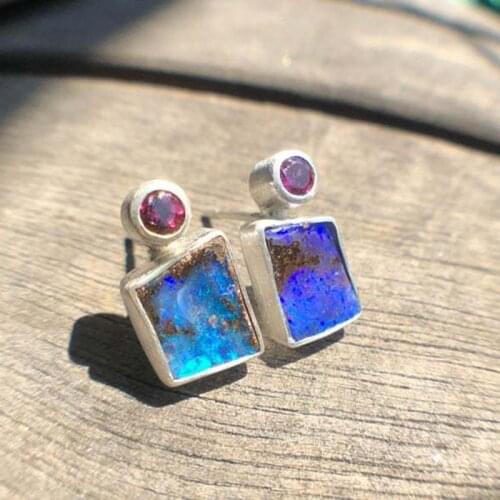 New Craftsman Australia Ocean Blue Opal Earrings Fashion Luxury Bohemia Rhododendron Garnet Geometry Earring for Women girl 2021