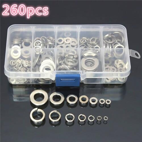 M2.5 M3 M4 M5 M6 M8 M10 Stainless Steel Washer & Spring Pads Set Washer Assortment Set 260 Pcs /box