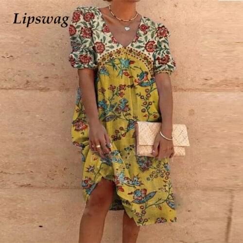 Chic Floral Print Short Sleeve Loose Beach Dresses Women 2021 Summer V-Neck Boho Dress Casual Ladies Tunic Dress Elegant Vestido