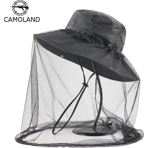 CAMOLAND Anti Mosquito Face Mesh Net Hat For Women Men Summer UV Protection Sun Hats Male Outdoor Fishing Hiking Bucket Hat
