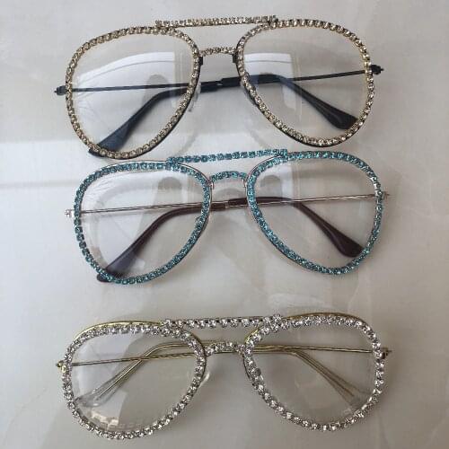 Classic Metal Pilot Shades Men Sunglasses Large Frame Women Diamond Sun Glasses Clear Lens Eyewear UV400 Gift Gafas de sol