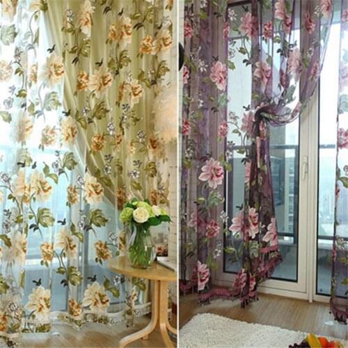 Tulle Sheer Curtain Flower Pattern Valance Drape Polyester Living Room Kitchen Sheer Curtain for Home