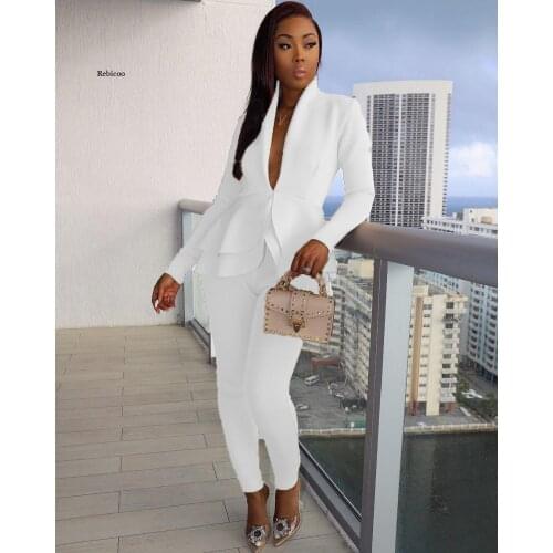 Women Deep V-Neck Long Sleeve Jacket Pant Suits Casual Blazer Two Piece Set Ruffles Blazers Winter Office Lady Business Suit