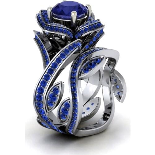 UFOORO White/Purpal/Black/Greeb/Blue/Red Zircon Flower Jewelry Black Ring Sets Engagement for Women Wedding Anel Valentine Gift