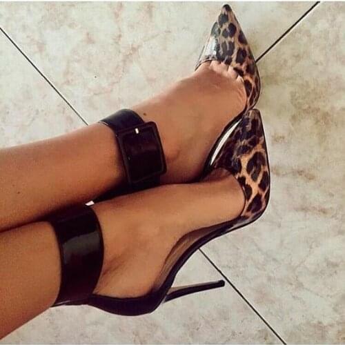 Moraima Snc Sexy Leopard Printed Leather High Heel Shoes Ankle Strap Thin Heels Woman Pumps Cutouts Party Dress Heels 35-42
