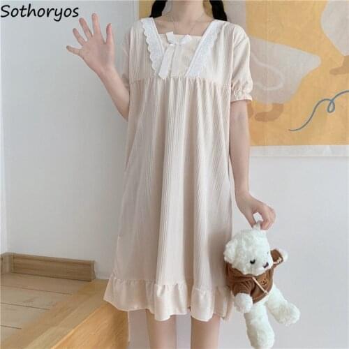 Women Candy Color Sleepshirts Short Sleeve Lace Ruffles Lovely Girls Loose Cozy Students Nightgowns Knee-length Females Lounge