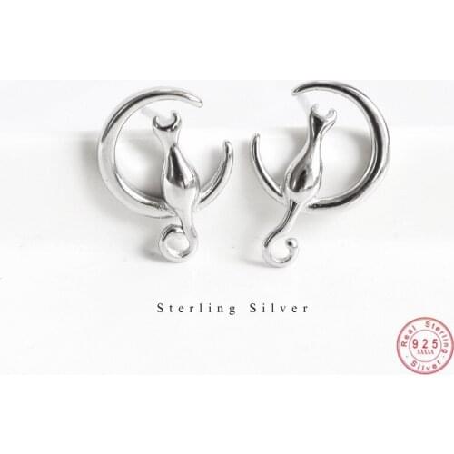 925 Sterling Silver Korean Version Simple Moon Cat Earrings Women Imitation Allergy Material Fashion Wedding Jewelry Accessories