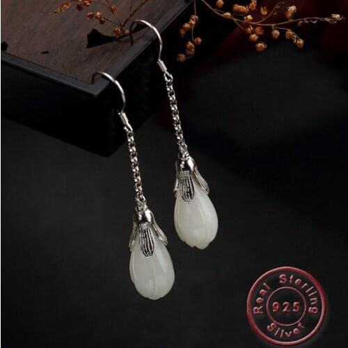 Amxiu Handmade Magnolia Flower Earrings Natural Stone 925 Sterling Silver Earrings Long Drop Earrings For Women Birthday Jewelry