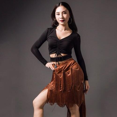 Sexy Latin Dance Costume Drawstring Tops Fringe Dance Skirts Women Latin Practice Performance Clothing Salsa Rumba DNV14175