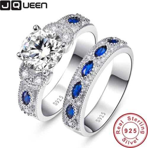 High Quality White CZ&Sapphire Solid Real Sterling Silver Jewelry 2-Pcs Wedding Engagement 925 Silver Jewelry Ring Set