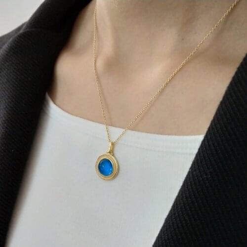 925 Sterling Silver Girls Party Jewelry Women Gold Tone Royal Blue Eye Pendant Crystal Charm Gold Base With Cabochon Necklaces