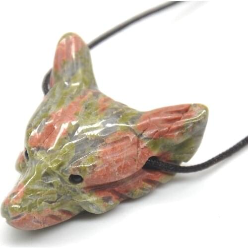 Wolf Head Pendant Natural Gemstone Unakite Healing Crystal Necklace Animal Fashion Men Gifts Jewelry 1PC