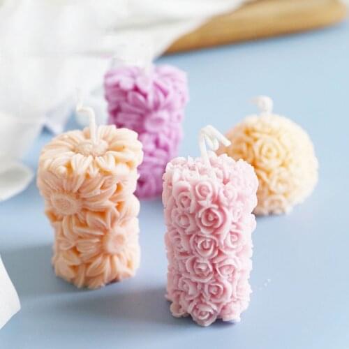 2 Cylindrical Flower Relief Silicone Candle Mold for DIY Handmade Aromatherapy Candle Plaster Ornaments Handicrafts Soap Mould