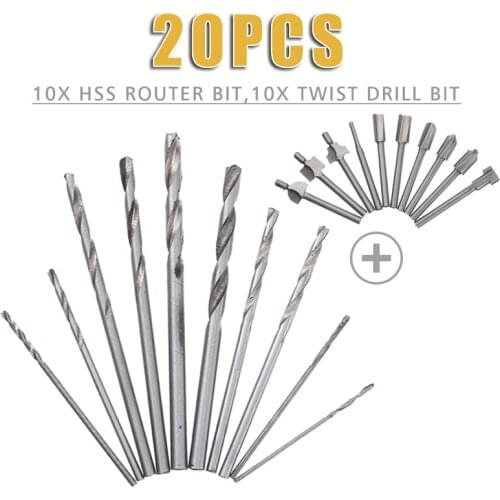 20pcs HSS Router Drill Bits Set Hole Cutter Woodworking Metal Drilling Tools Dremel Rotary Tools Cutting Guide Twist Drill Sets