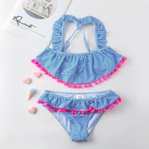 2021 New Girls Swimsuit With Ruffle 2-14years Childrens Swimwear Two Piece Blue Striped Swimsuit For Girl Bathing Suit G1-CZ958