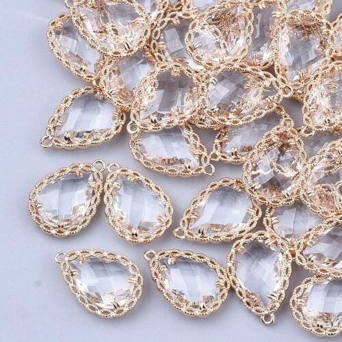 50pcs Transparent Glass Pendants with Brass Findings Faceted Teardrop Earring Charms for Jewelry Making 19x14x4.5mm, Hole: 1.2mm