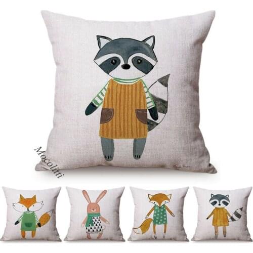 Cartoon Animal Sofa Cushion Cover Lovely Bunny Fox Bear Owl Pastel Painting Decoration Square Pillowcase Room Bed Cushions Cover