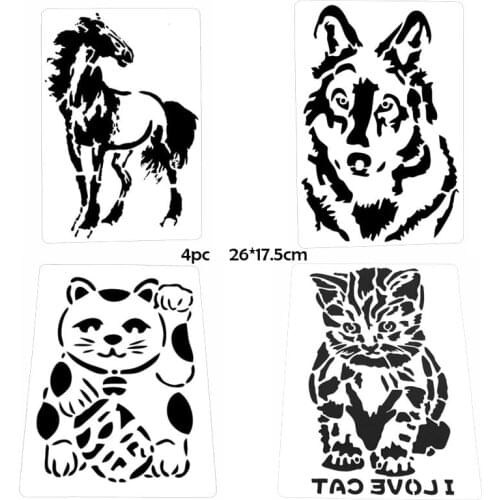 4pc Stencil Lucky Cat Animal Painting Template DIY Bullet Journal Stencil Scrapbook Album Decoration Doodle Template Reusable