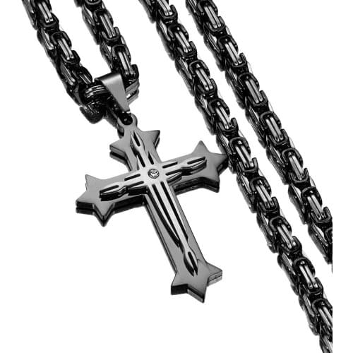 Cool Cross Pendant for Men Stainless Steel Byzantine Chain Silver Black Color Mens Necklaces Pendant CZ Rhinestone