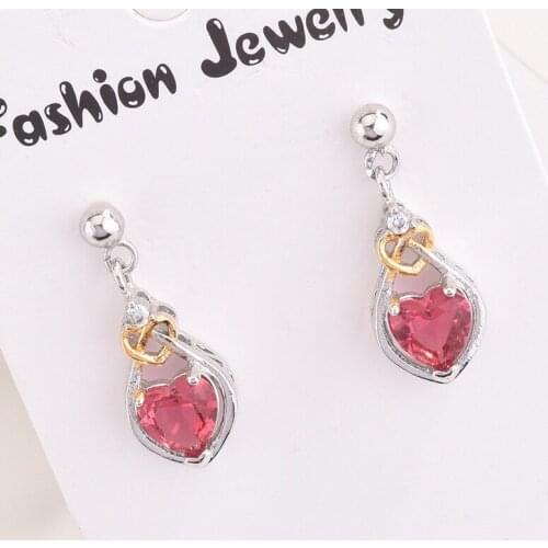 Fashion Romantic Heart Drop Earrings Inlay Red Crystal Zircon Two Tone Dainty Jewelry For Women Wedding Valentines Day Gifts