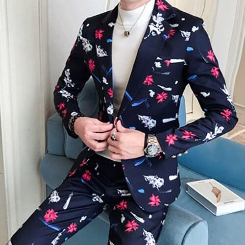 2Pcs Mens Match Colors Printed Lapel Collar One Button Coat Suits Blazer Pants Long Trousers Slim Fit Cowboy Boys 2021