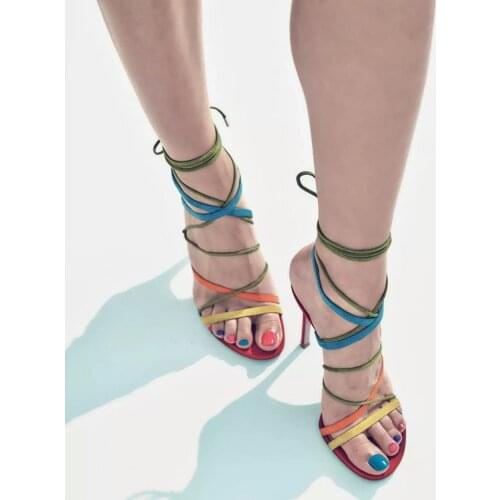 New fashion sexy open toe woman sandal colorful string lace-up thin heels sandal summer cut-outs gladiator sandal