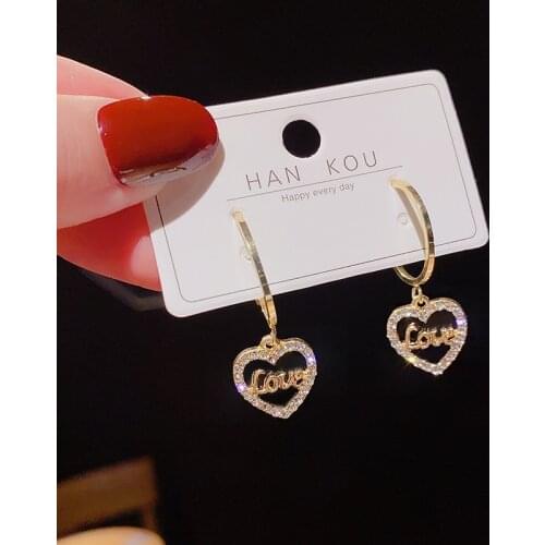 Korean New Crystal Heart Earrings Letter Love Design Drop Earring for Women Girls Fashion Dangle Party Jewelry Gift ER957