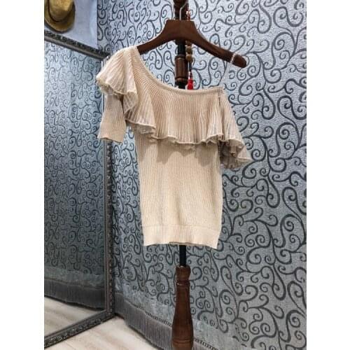 Sexy One-shoulder Tops 2021 Summer Fashion Pullovers Women Ruffle Deco High Quality Knitted Casual Apricot Jumper Ladies Sweater