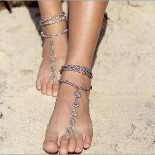 Silver Round Flower Charm Anklets For Women Chain Ankle Bracelet Sandals Brides Barefoot Beach Jewelry Gift Accessories S1954