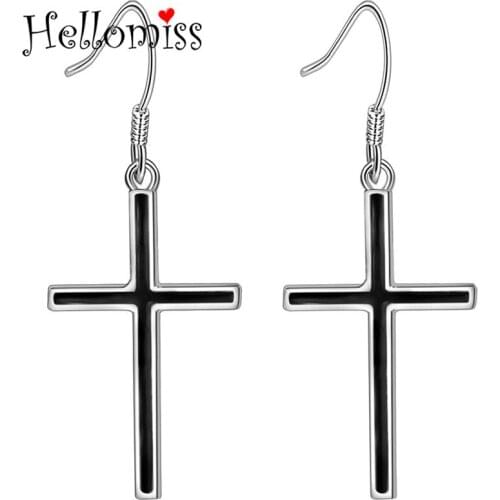 Black Cross Earrings for Women Silver 925 Drop Earring Religious Style Piercing Ear Cuff Fashion Brand Jewelry Pendientes Mujer