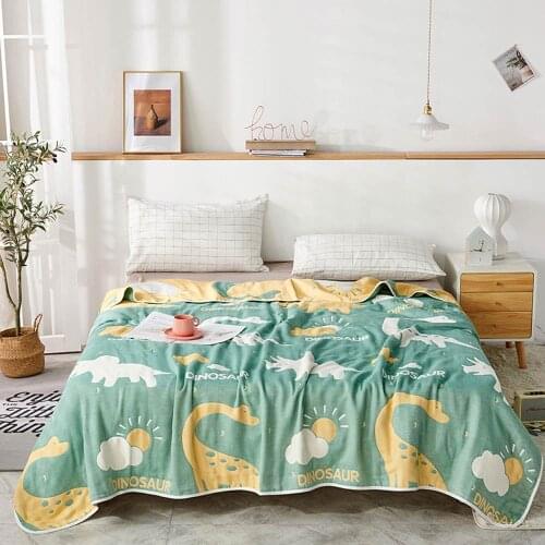Papa&Mima Green Yellow Dinosaurs Knitted Quilted Summer 100% Cotton Thread Towel Blankets Throws Double-side Bedsheet Bedlinen