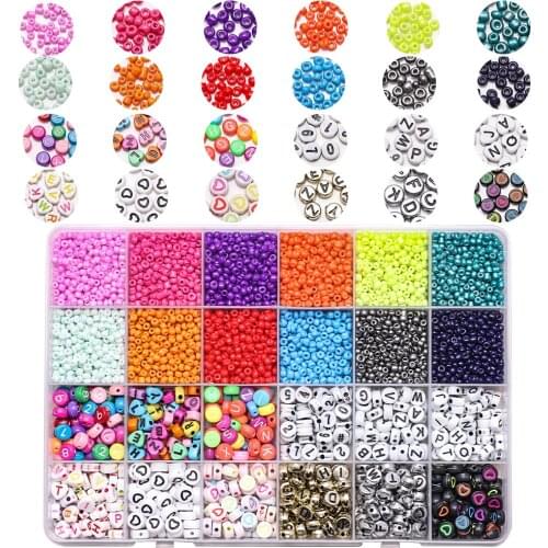 24Grid/Set 3mm Glass Seed Beads With 6mm Acrylic Letter Round Number Beads For DIY Making Charms Bracelets Jewelry Accessories
