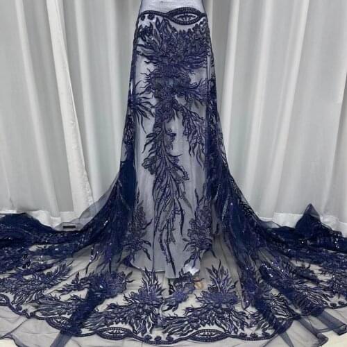 Navy Blue African Tulle Lace Fabric with Velvet Sequins Embroidery High Quality French Net Lace Fabric For Nigeria Wedding Dress