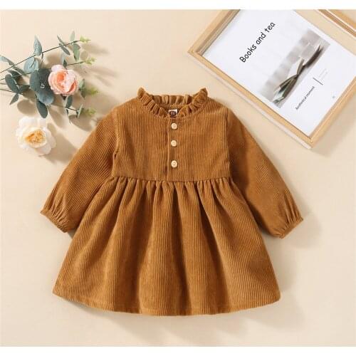 2021 Kids Girl Corduroy A-Line Dress Toddler Solid Color Round Neck Long Sleeve Ruffle High Waist Spring Fall Baby Warm Clothing