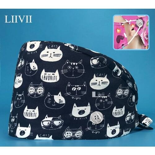 High Quality cotton nursing hat multicolor fashion printing button breathable scrub cap men and women adjustable nursing hat