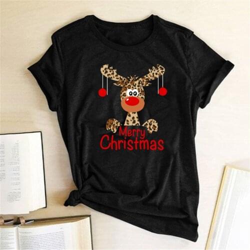 Women Cute Leopard Reindeer Deer Women T Shirt Fashion Merry Christmas Print Harajuku Short Sleeve T-Shirt Woman Tops Clothing