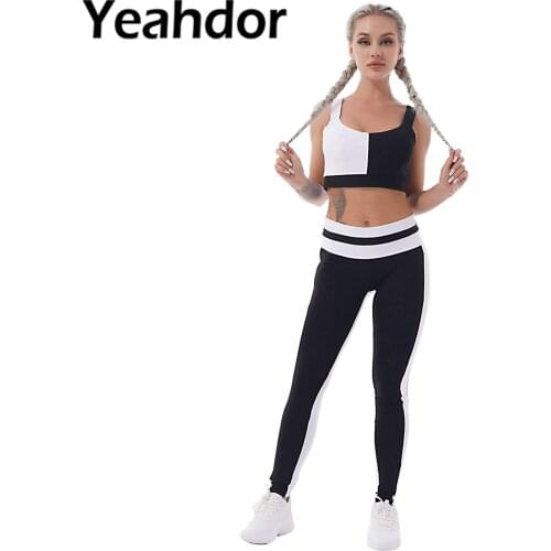2Pcs Women Fashion Summer Yoga Sportswear Shoulder Straps Open Upper Back Cropped Gym Fitness Sport Bra Top High Waist Pants Set