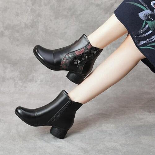 National Style Big Size Genuine Leather Shoes Women Boots Heels Fashion Warm Ankle Boots Women Heel 5cm Boots Winter Woman Pumps