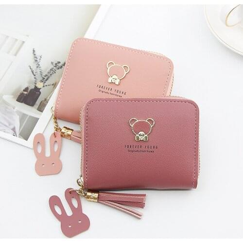 Women Zipper Short Wallets Letter Print Cartoon Mini Walets Card Holder Money Bag Handbag Clutch Bag PU Leather Tassels Purse
