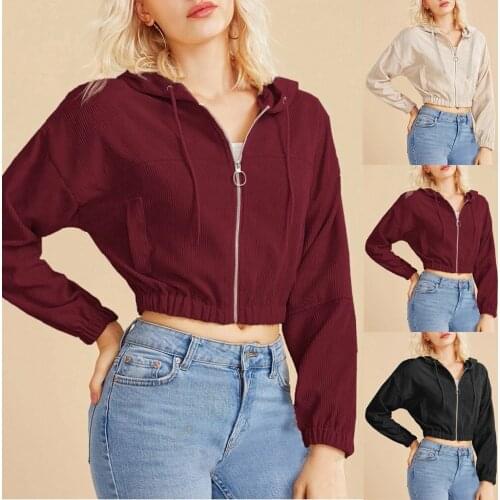 Women Casual Solid Sweatshirt Corduroy Zip-up Pocket Shirt Hooded Sweatshirt Cropped Jacket Daily Comfy High Quality Sweatshirt