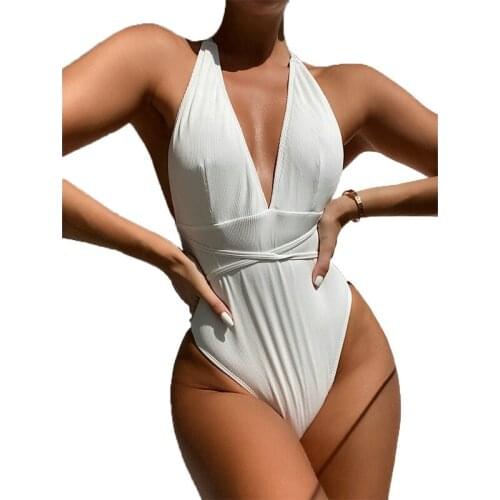 QINJOYER Women Backless Swimsuit One Piece Bathing Suit 2021 Solid Swimwear Women Monokini Bandage Swimsuit Deep V Bikini Female