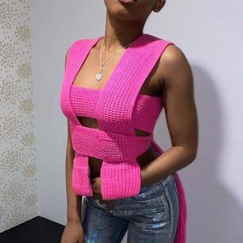 Sexy Women Vest Top Fashin Sleeveless Knitted Crops Top Short Cross Lace Up Solid Color Knitted Lady Tanks Top