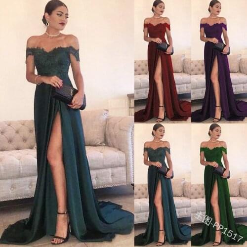 Women Dress 2020 Summer New European and American Sexy Word Shoulder Lace Split Dresses Solid Color Party Mopping Long Dress