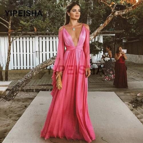 2021 New Sexy Deep V Neck Backless Evening Dress Long Sleeves Floor Length Sweep Train Prom Party Gown robe de soirée de mariage