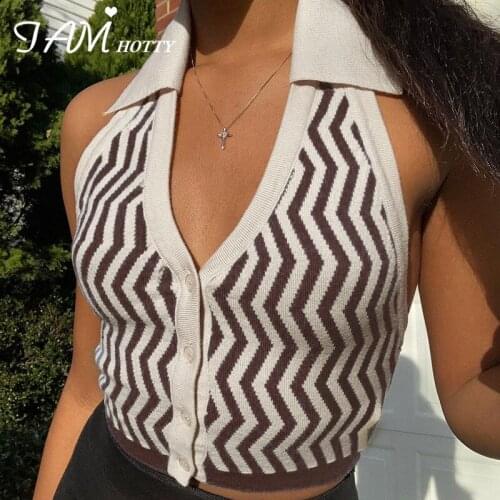 Harajuku Striped Button-up Backless Halter Knitting Vest Women Elegant Korean Fashion Sleeveless Cami Tank Tops Street Iamhotty