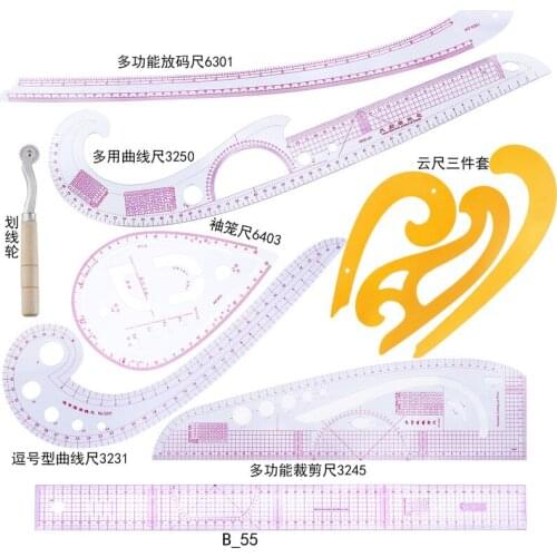10PCS Ruler Tailor Measuring Kit Clear Sewing Drawing Ruler Yardstick Sleeve Arm French Curve Set Cutting Ruler Paddle Wheel